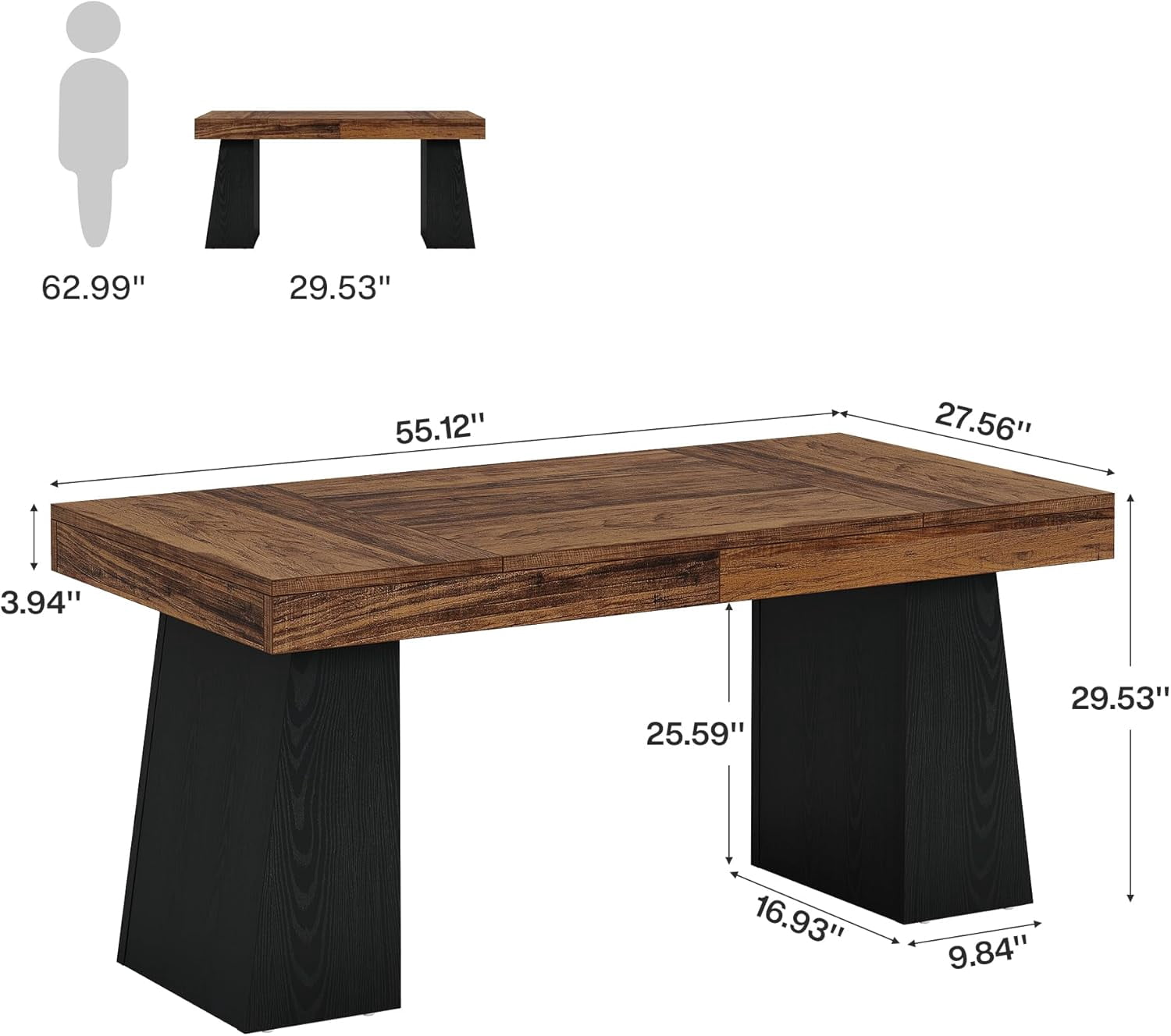 Tribesigns Wooden Executive Desk, 55-Inch Computer Writing Table with Double Pedestal, Brown & Black