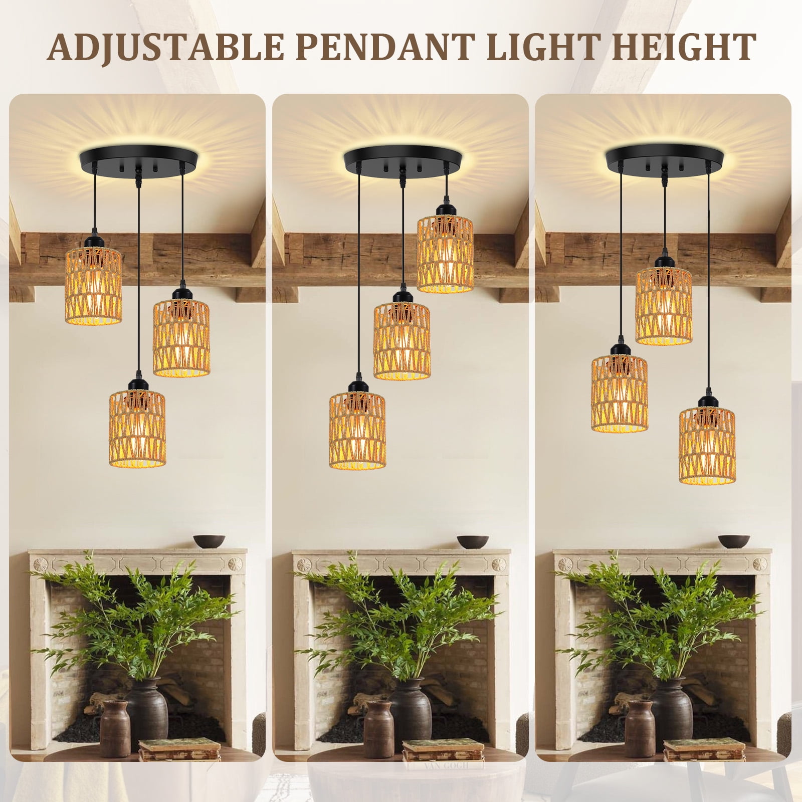DONGPAI Rattan Farmhouse Pendant Lights for Kitchen Island, Boho Hand-Woven Lamp Shade Kitchen Hanging Lights Ceiling Light Fixture for Kitchen, Dining Room, Foyer & Entryway