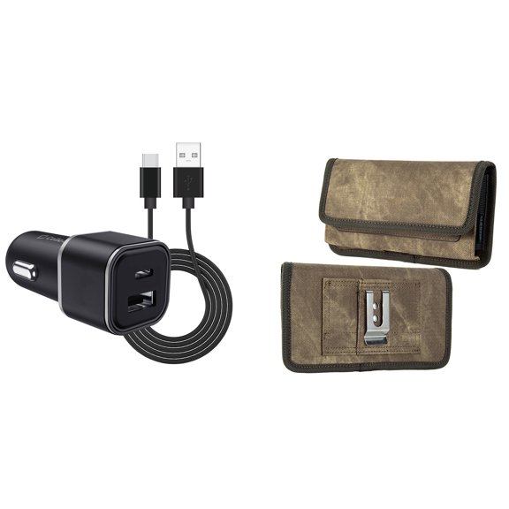 Holster and Car Charger Bundle for Samsung Galaxy A13 4G: Rugged Denim Nylon Belt Pouch Case (Tan Brown) and Compact High Power 30W Dual USB Port (Type-C & USB-A) Auto Power Adapter