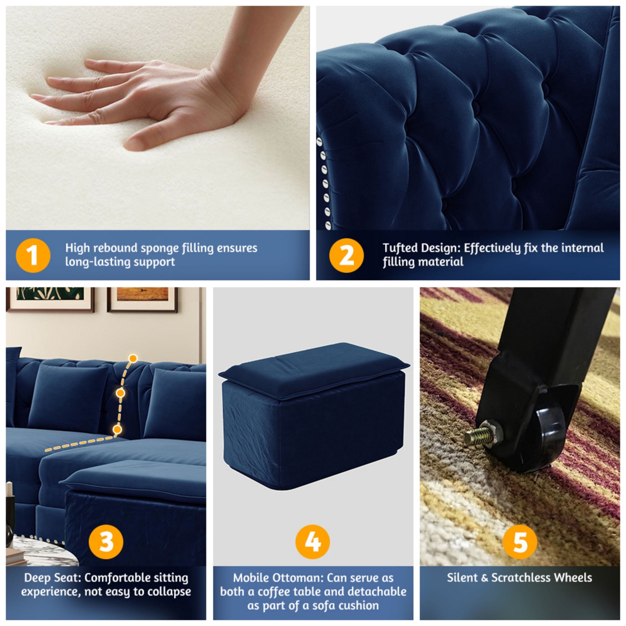 Firscook 89" Chesterfield King Size Pull Out Sofa Bed with Ottoman, Velvet Sleeper for Small Apartment, Blue
