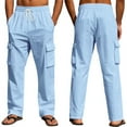 thumbnail image 2 of Men's Casual Cargo Pants Relaxed Fit Elastic Waist Drawstring Side Cargo Pockets Trouser Lightweight Work Pants Light Blue L, 2 of 6