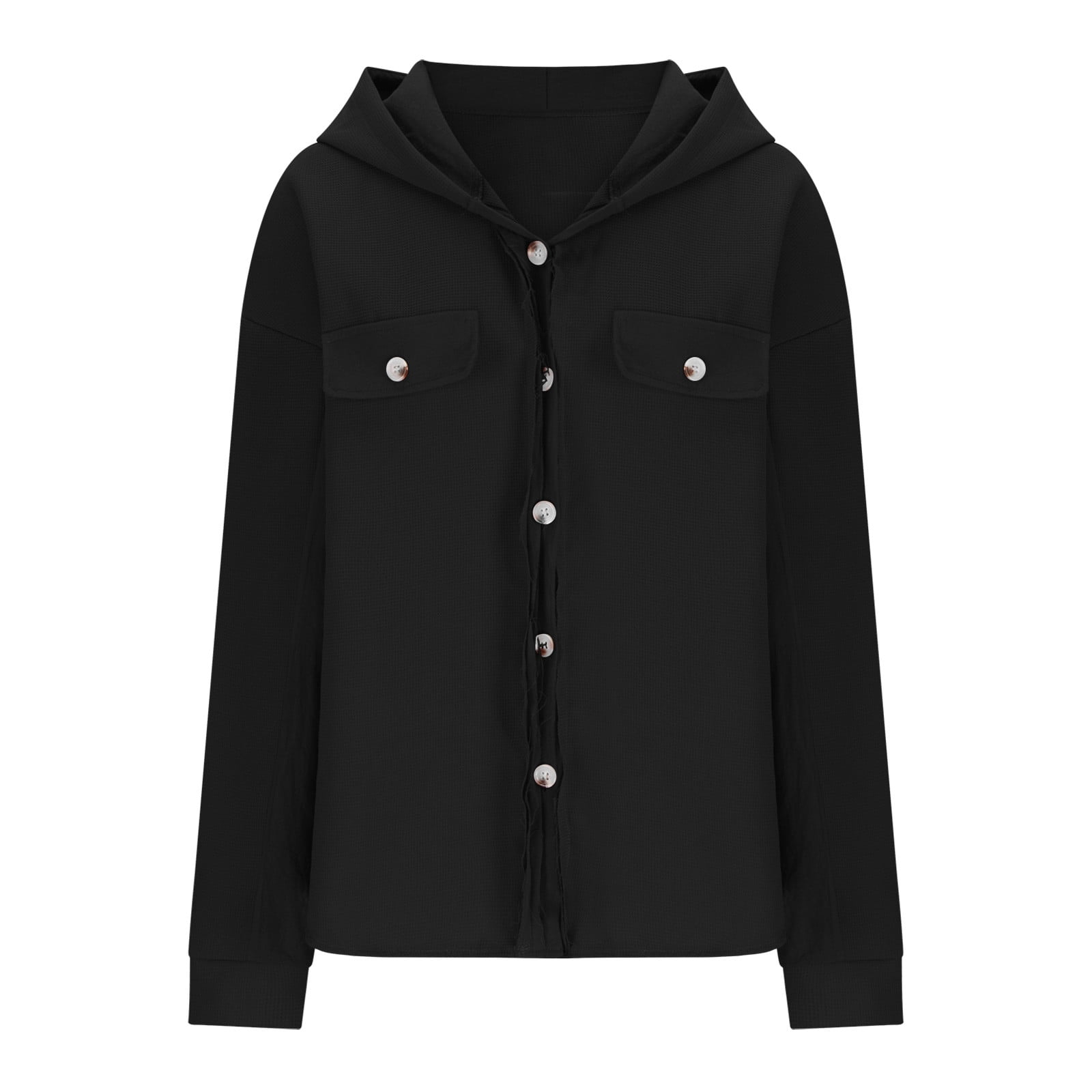 nerohusy Womens Waffle Knit Plaid Shacket Boyfriend Button Down Shirt Hooded Jacket Lightweight Loose Long Sleeve Tops 2024 Black,XXL