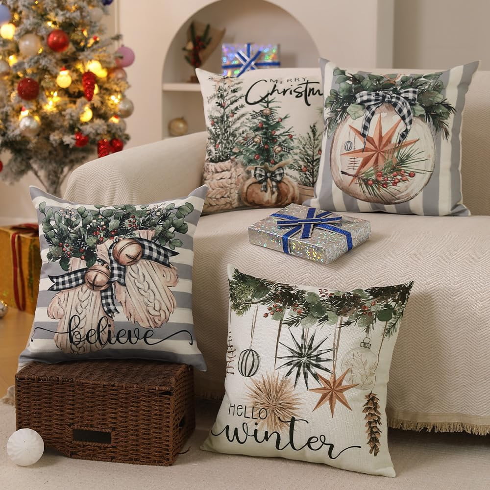 Christmas Pillow Covers 20x20 inch Set of 4 Christmas Tree Gloves Hello Winter Decorative Stripe Throw Pillow Covers Winter Farmhouse Decoration for Home Couch