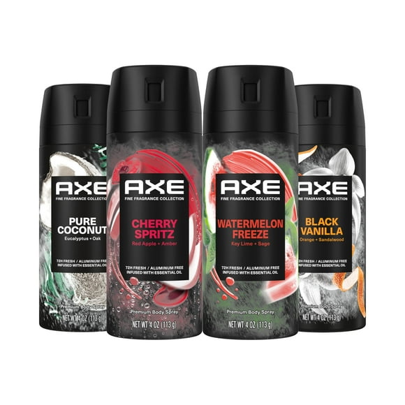 AXE Vaporisateur Corporel Parfumé Pack Varié 4 Pack Touche de Douceur - Cerise Spritz, Noix de Coco Pure, Vanille Noire, Pastèque Sans Aluminium 4 oz
