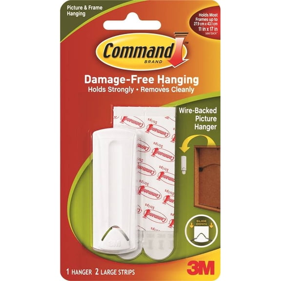 Command Wire-Backed Picture Hanger, White, Large, 1 Hanger, 2 Strips/Pack