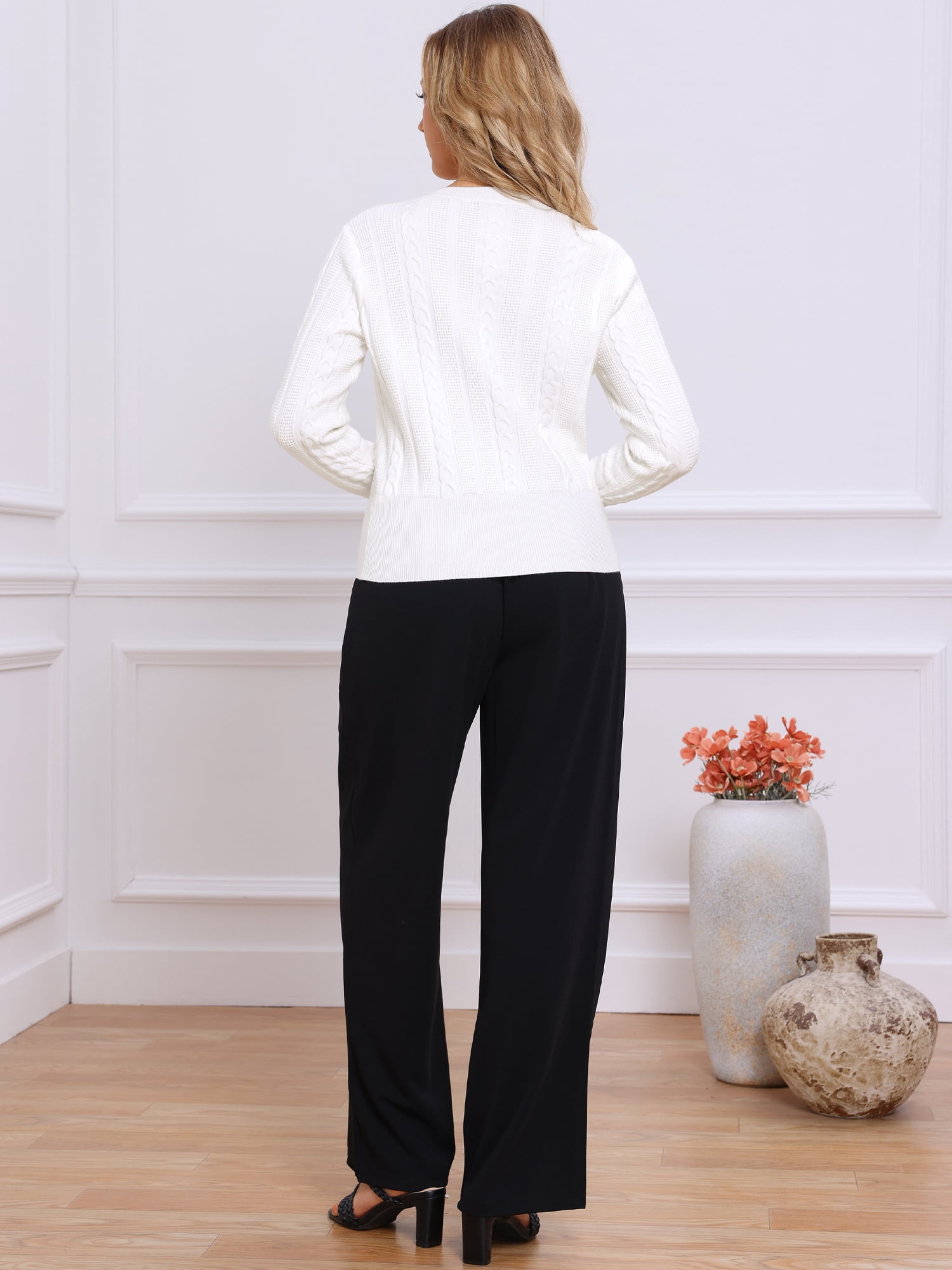 DARING DIVA Women's Cable Knit Long Sleeve Crew Neck Pullover Sweaters L White