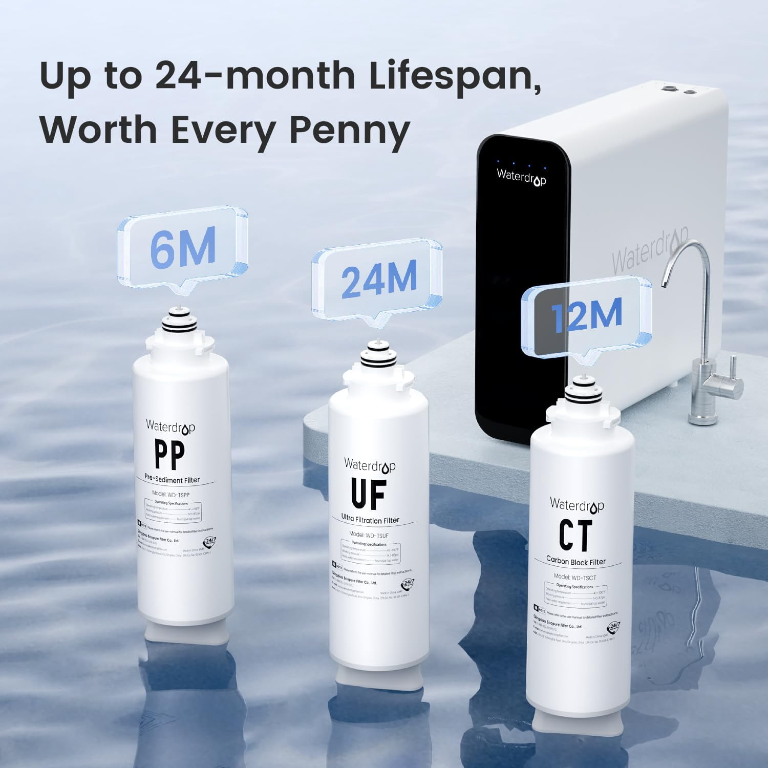 Waterdrop TSU 0.01μm Ultra-Filtration Under Sink Water Filter System, 3-Stage, 2 Years Lifetime