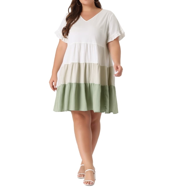 GRACE & GRANDEUR Vestido midi de mezclilla con volantes y mangas cortas para mujer de talla grande 3X verde