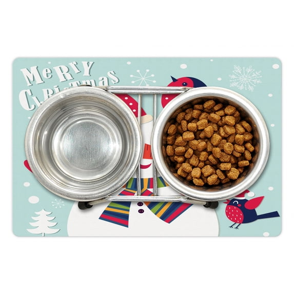 Christmas Pet Mat for Food and Water, Cheerful Merry Xmas Illustration with a Bird and Snowman Fun Winter Celebration, Non-Slip Rubber Mat for Dogs and Cats, 18" X 12", by Ambesonne