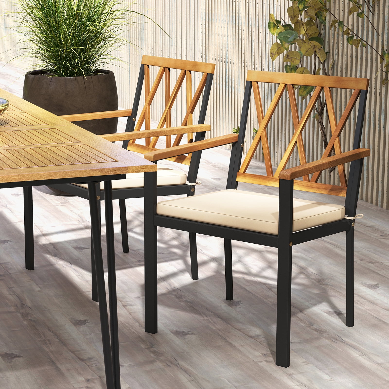 Gymax Patio Dining Chairs Set of 2 Metal Outdoor Chairs w/ Removable Padded Cushions
