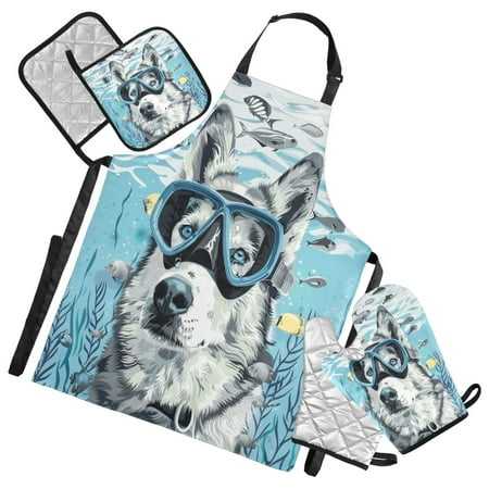 

5 Pcs Kitchen Set Heat Resistant Oven Mitts and Non-Slip Pot Holders with Adjustable Cooking Apron Dog Diver in Sea