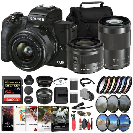 Canon EOS M50 Mark II Mirrorless Camera with 15-45mm and 55-200mm Lenses (Black) (4728C014) + 64GB Memory Card + Color Filter Kit + Filter Kit + Charger + LPE12 Battery + Wide Angle Lens + More