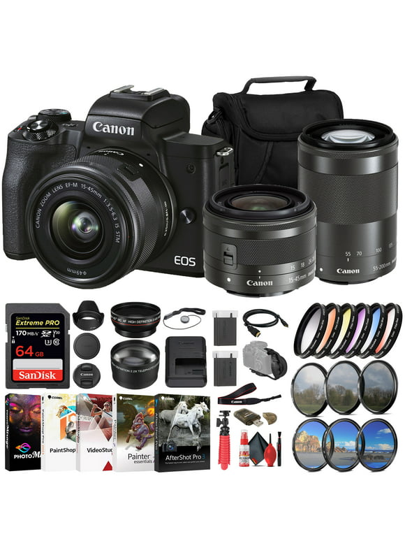 Canon EOS M50 Mark II Mirrorless Camera with 15-45mm and 55-200mm Lenses (Black) (4728C014) + 64GB Memory Card + Color Filter Kit + Filter Kit + Charger + LPE12 Battery + Wide Angle Lens + More