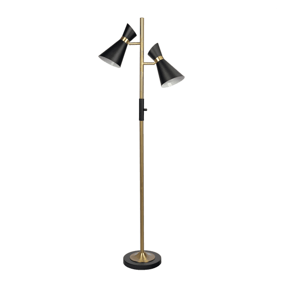 Brassed Floor Lamp with 4-Way Double Spots - Metal Base Reading Light - Adjustable Spotlight - Modern Home Office Lighting - 6.5ft Tall