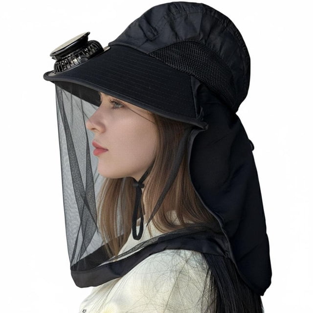 Full Coverage Sun Hat With Mosquito Net & Cooling Fan UPF50 UV Protection Wide Brim Shoulder