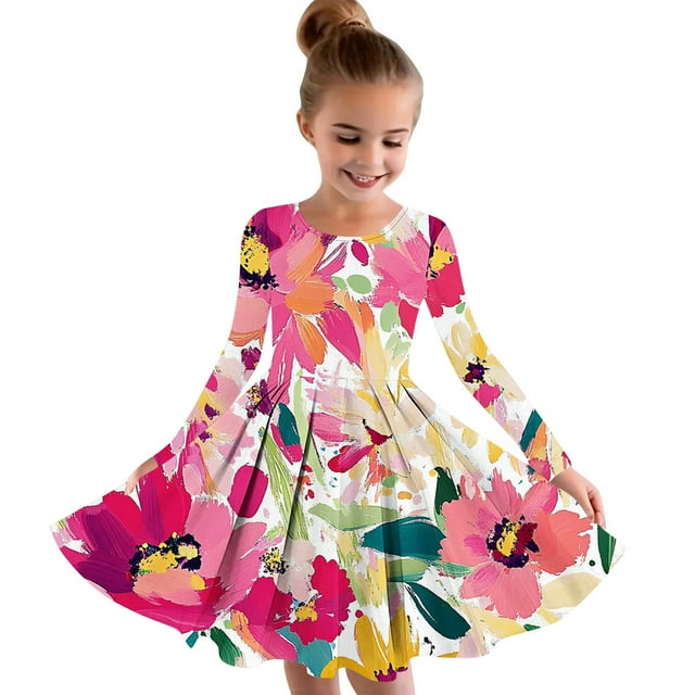 LOVZFMLL Robe d'Été à Manches Courtes pour Filles, Col Rond Imprimé