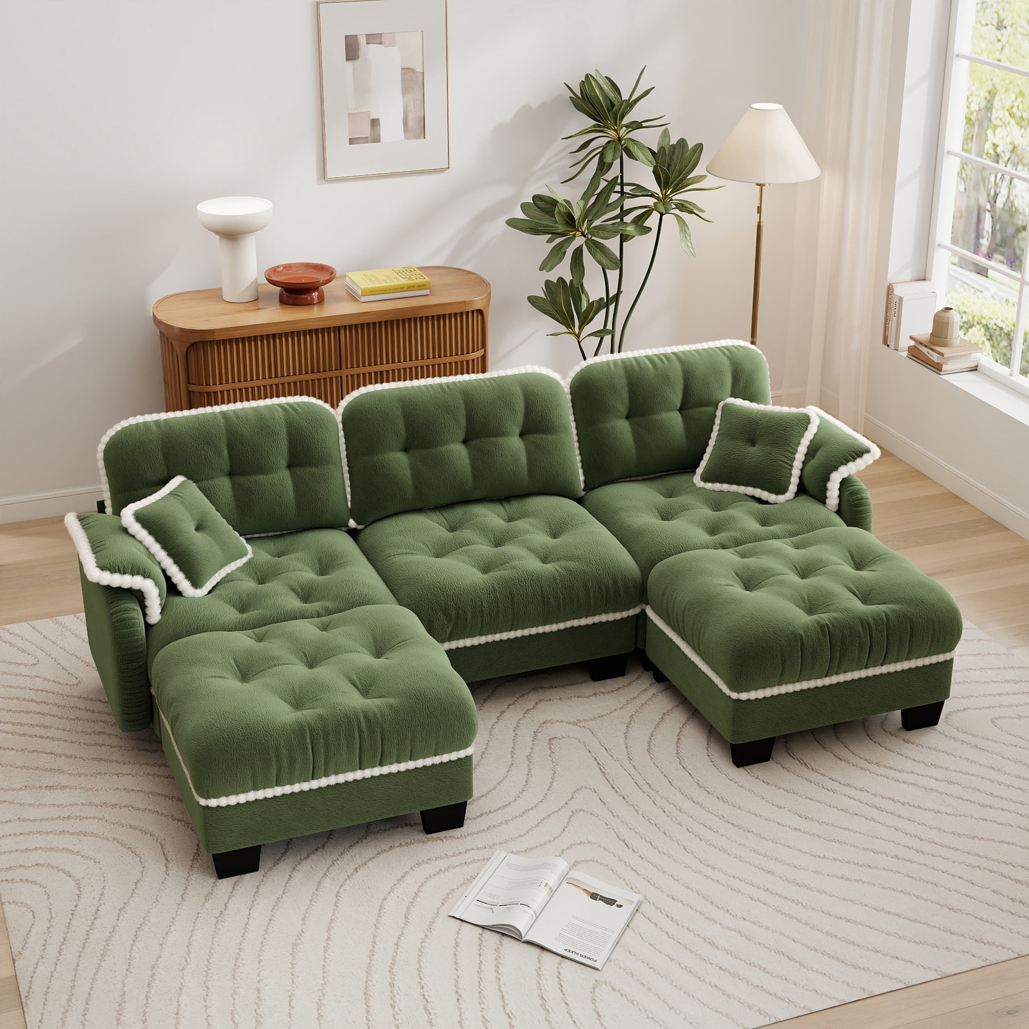 Aenkyo 100" Chenille Modular Sectional Sofa with 2 Movable Ottomans, 3-Seater, Green