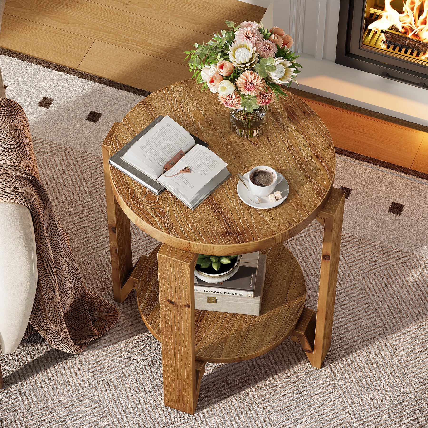 Finmind Solid Wood End Table, 19.69 Inch Round Sofa Side Table with Storage,  2-Tier  Farmhouse Wooden Nightstand for Living Room, Bedroom, Couch, Set of 2, Brown
