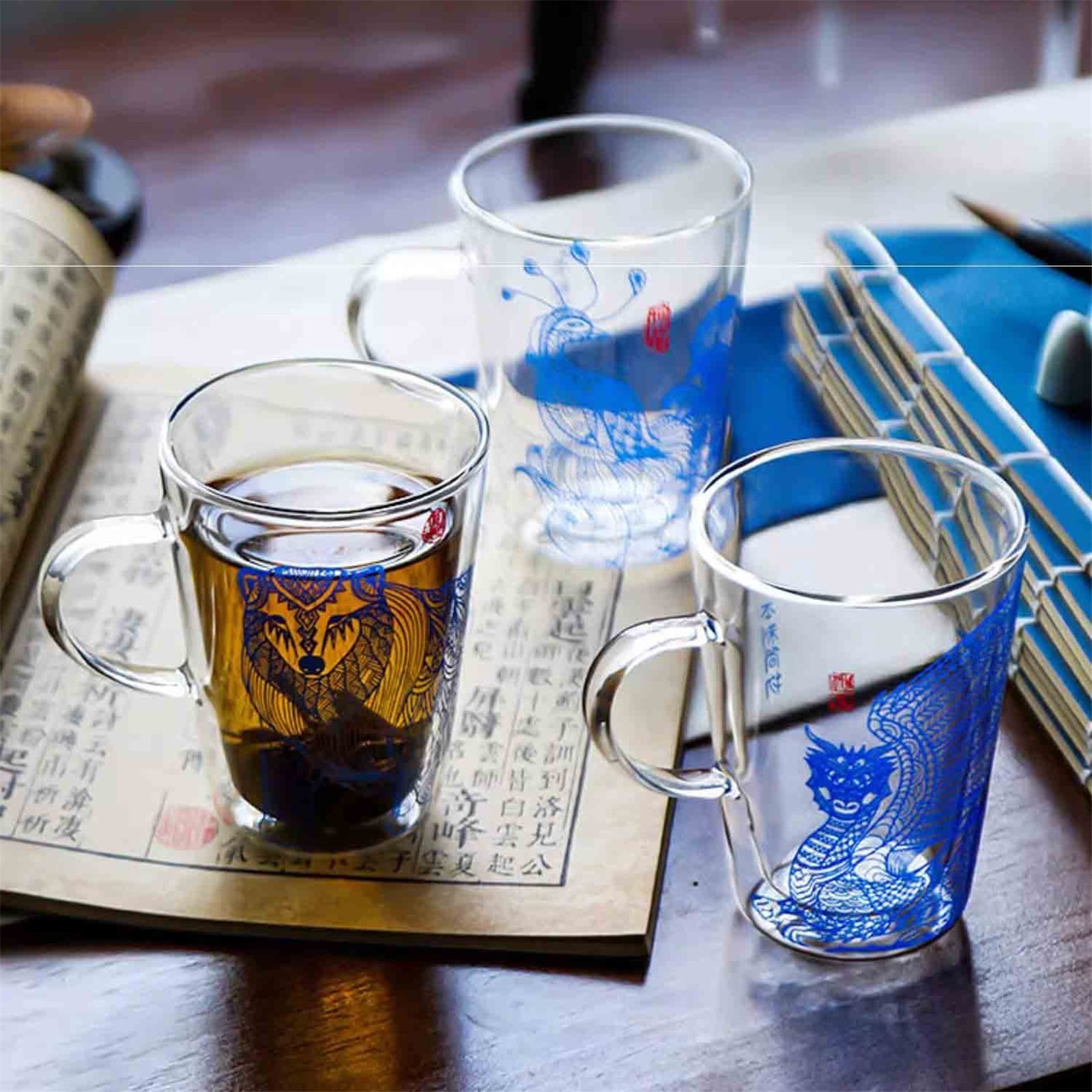 Double Wall Glass Coffee Mugs Ancient Chinese Totem Printing, Clear Espresso Cups with Handle, 280ML
