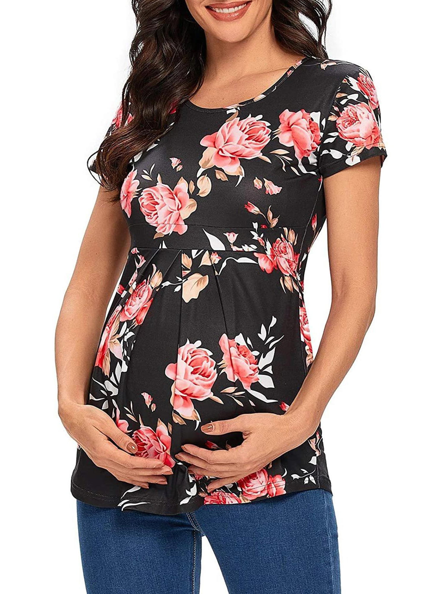 Size:M, Black Women Breastfeeding Tee Nursing Tops Splicing Short Sleeve Maternity T-Shirt