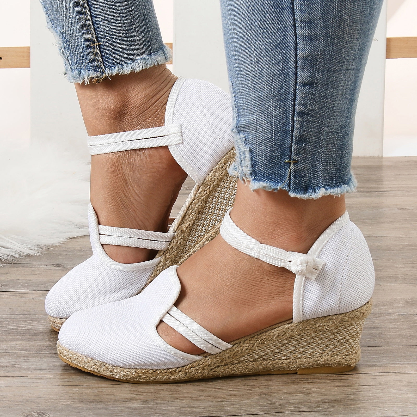 Ketyyh chn99 Dressy Sandals Womens Dress Shoes 400 Sandals for Women Wedge Sandals Fashion Versatile Braided Buckle Breathable Wedge Sandals White