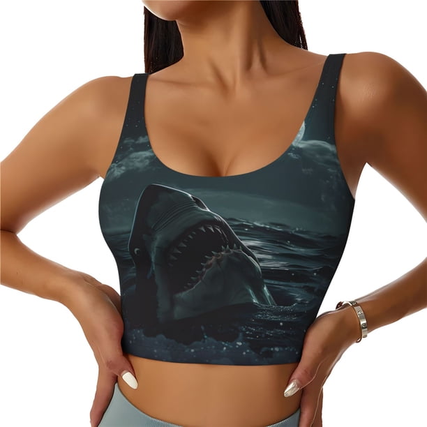 Balery Moonlit Night Sky Shark Sujetadores deportivos con espalda cruzada para mujer, acolchados, sin costuras, de alto impacto, ideales para yoga, gimnasio, entrenamiento y fitness.-Small