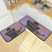 SKYSONIC Black Kitten Halloween Kitchen Rugs 2 Pieces, Witch's Hat Floor Mat Room Area Rug Washable Carpet Perfect for Living Room Bedroom Entryway