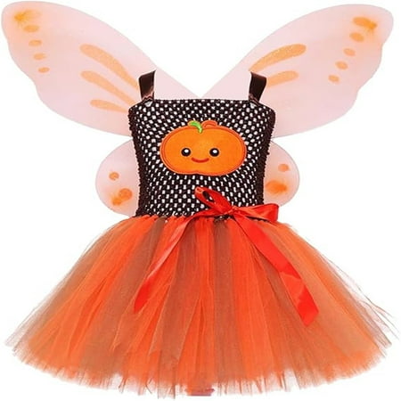 

EnJoCho Toddler Halloween for Girls Sleeveless Pumpkin Print Tulle Dress + Wing Sets Fancy Party Pretty Princess Role Play Holiday Dance Party Dresses