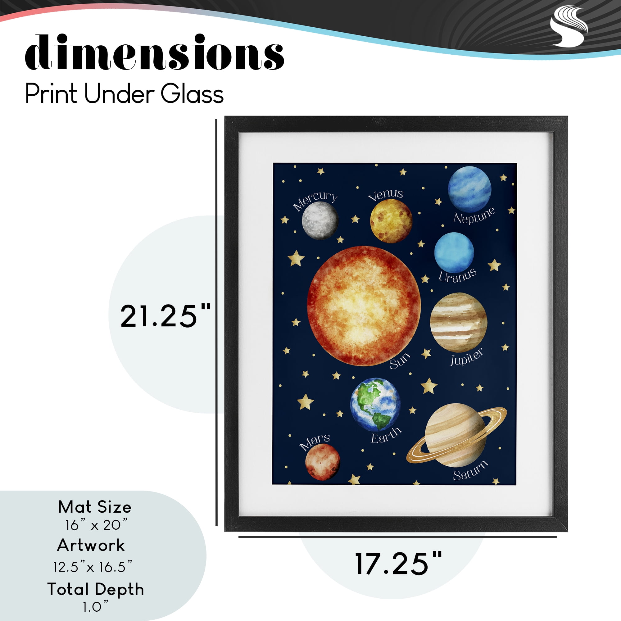 Educational Solar System Space Black Framed Print Under Glass, design by Christine Simpson Art