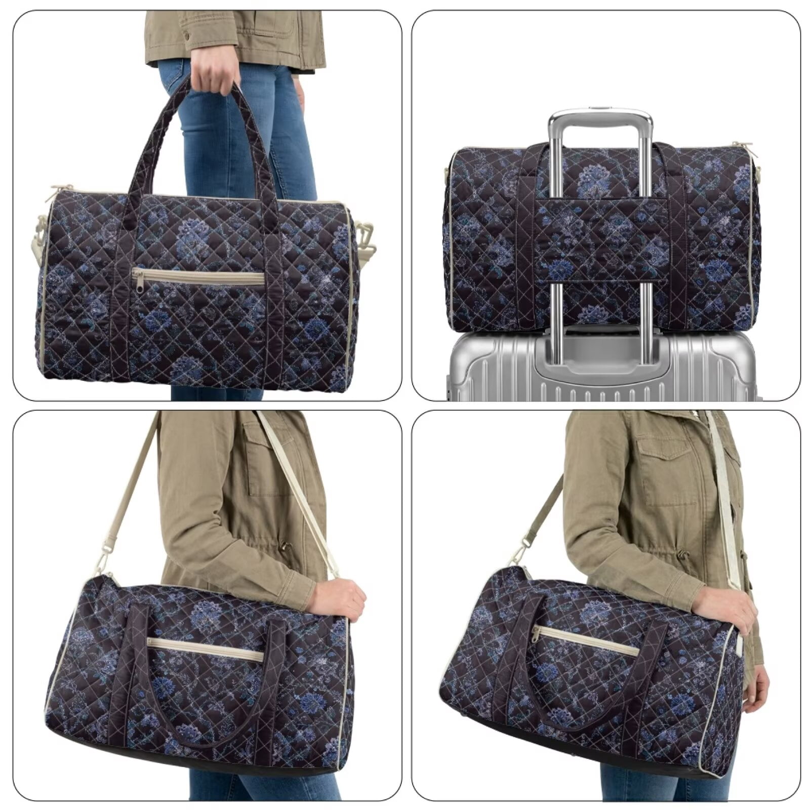 Chririnla Lightweight Fitness Bag for Women Large Capacity Athletic Duffle with Smooth Zipper & Luggage Handle Strap Fits Gym, Black Floral Print