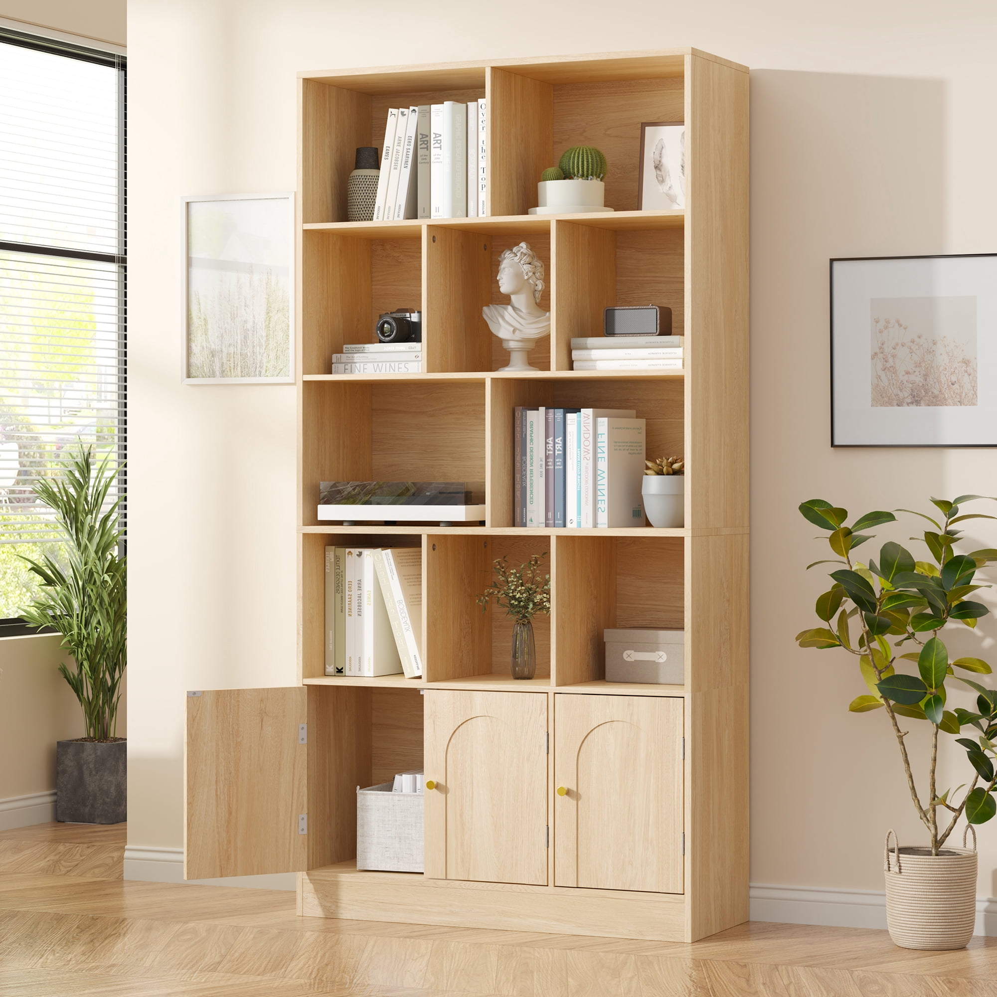 4-Tier Tall Bookshelf with 3 Doors, 71" Open Shelf Bookcase with 10 Cubes, Modern Cube Storage Organizer for Living Room, and Office, Oak