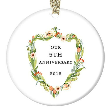 5th Anniversary Gifts, Fifth Christmas Ornament 2019, 5 Years Together Couple Husband & Wife Wedding Anniversaries Ceramic Present 3
