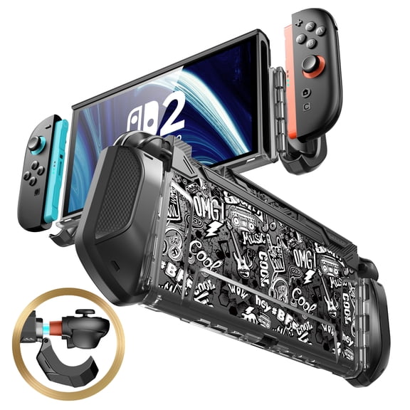 Mumba Dockable Case for Nintendo Switch 2, Integrated Hinge Shell, Military-Grade Protection Dock Friendly Anti-Wobble Hard Protective Cover, Foldable Hinged Grips for Nintendo Switch 2, (Mixtape)