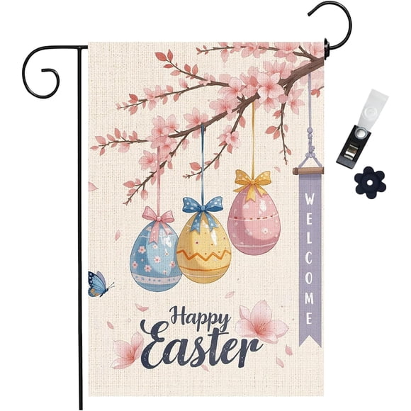 Drapeau de Jardin Joyeuses Pâques - Drapeau de Jardin de Bienvenue 12x18 Pouces Double Face pour l'Extérieur avec Pince Anti-Vent et Butée, Drapeaux de Jardin en Forme d'Oeuf de Pâques, Décor Décoratif de Pelouse pour les Fêtes en Plein Air