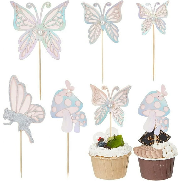 12 Sets Butterflies Cake Topper Mushroom Fairy Insect Butterfly Cake Toppers 3D Cupcake Topper Paper Cake Decoration Pink Cupcake Toppers for DIY