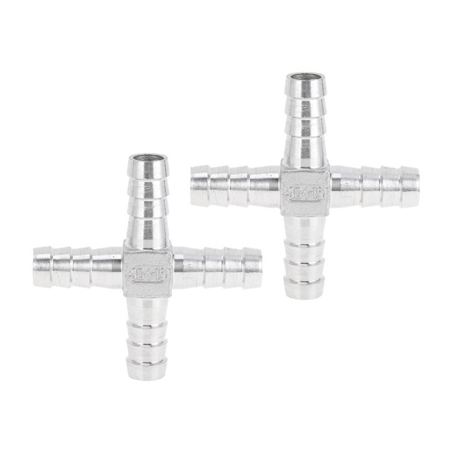 Accesorios de espiga de manguera de acero inoxidable 304 de Unique Bargains, conector de tubería cruzado de 4 vías de 19/32" para aire, agua, aceite, gas, combustible, 2 piezas tono plateado