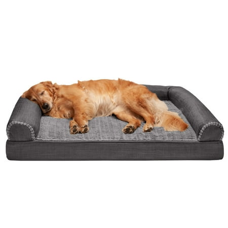 UPC: 0842229126280 | FurHaven Pet Products Luxe Fur & Performance Linen Orthopedic Sofa-Style Pet Bed for Dogs & Cats – Charcoal Jumbo