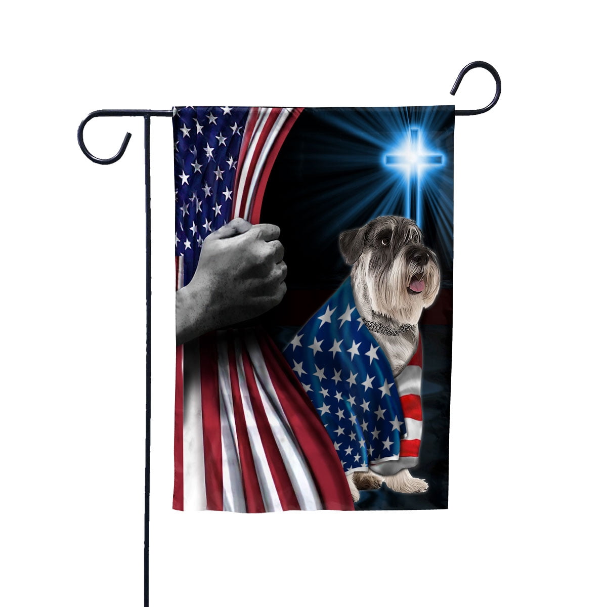Hand Pulling USA Flag Miniature Schnauzer Dog Wearing Flag American Standing under Cross Christian Patriotic House Flag (3x5) Double Sided- Premium Polyester-Decorative Indoor Outdoor Flag