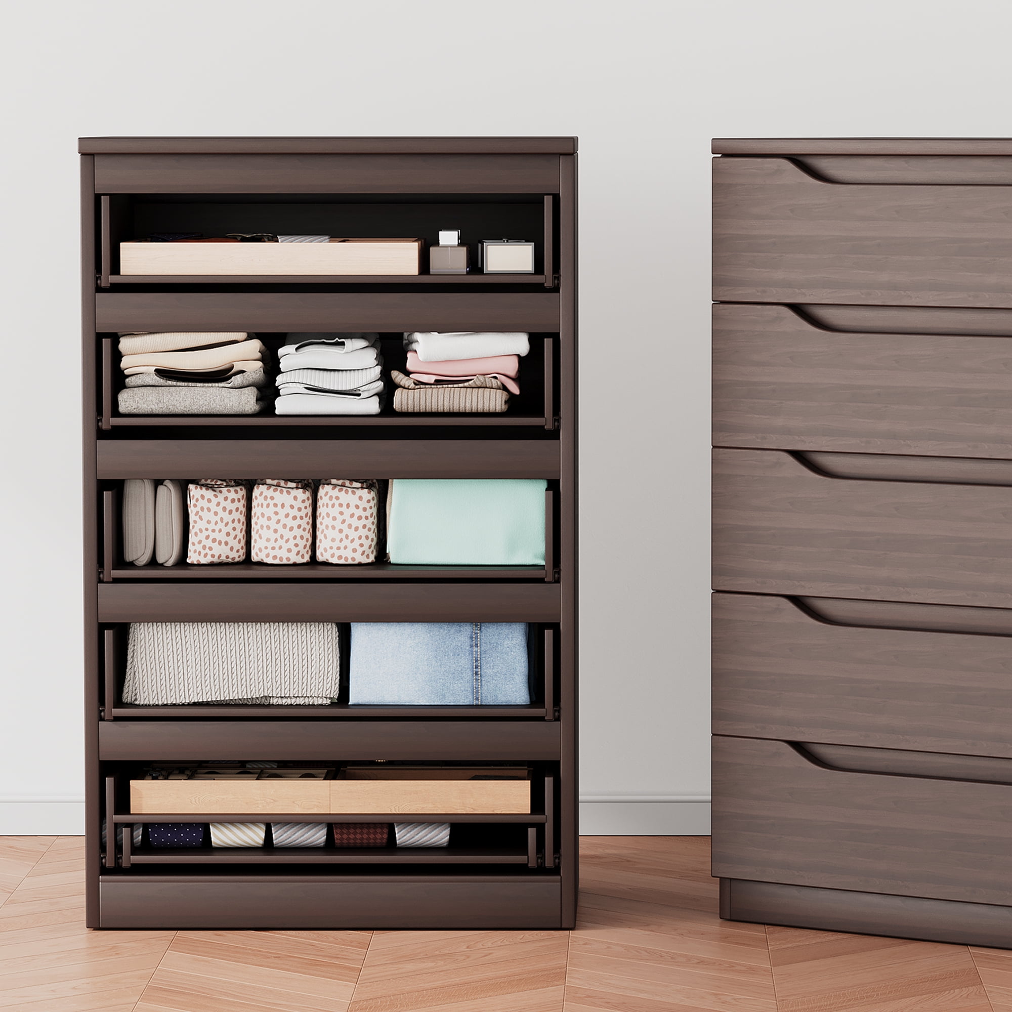 Vipuse Brown Tall 5 Drawer Dresser for Bedroom with Hidden Storage Design, Large Modern Closet Dressers & Chests of Drawers with Cut-Out Handles, 27.6" L*15.8" W*45.3" H for Bedroom,,Brown