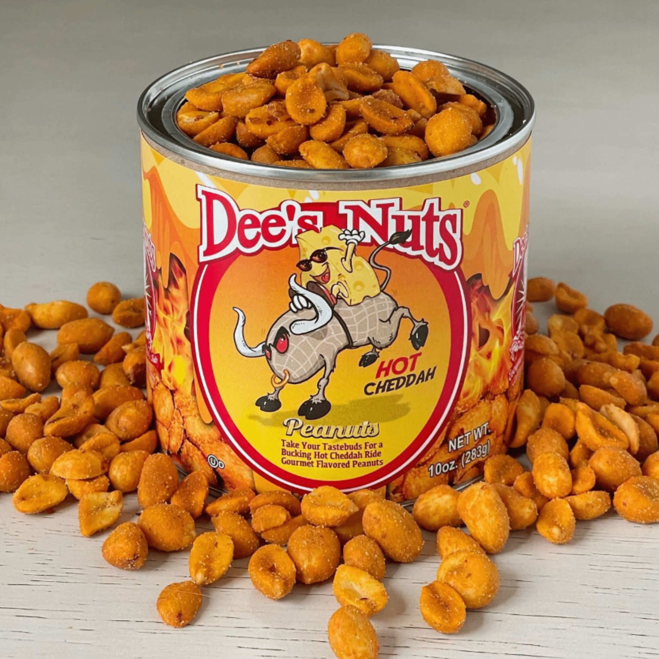 (4 pack) Dee's Nuts Peanuts, Hot Cheddar Flavor, 10 oz Canister