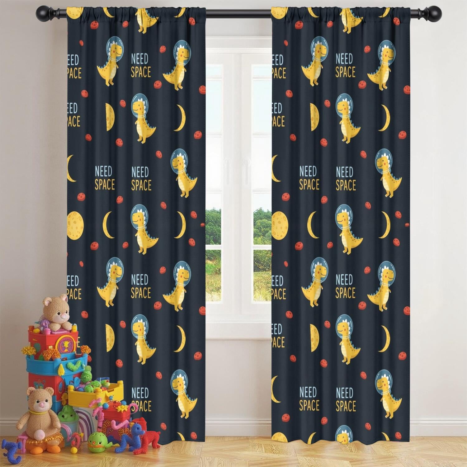 Blackout Kids Curtains,DarkBlue Cartoon Dinosaurs Astronauts Pattern Childrens Insulated Curtains Set Of 2,Bedroom Essentials,Toddler Room Decor 42"x84"