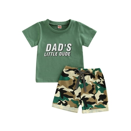 

Kiapeise Boys Summer 2Pcs Outfit Sets Short Sleeve Letter Print T-shirt Tops + Camouflage Shorts