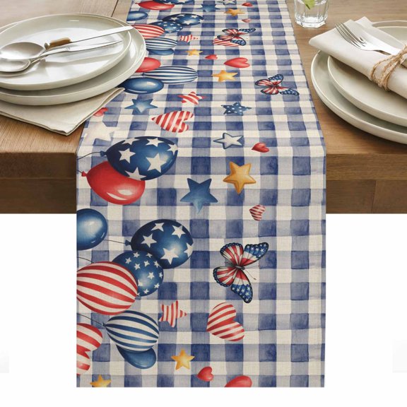 Independence Day Table Runner - 120 Inch Long, Kitchen Dining Table Runner Dresser Scarves, Flag Balloons Butterflies Blue Plaid Farmhouse Decor for Coffee Tables Wedding Party Banquet