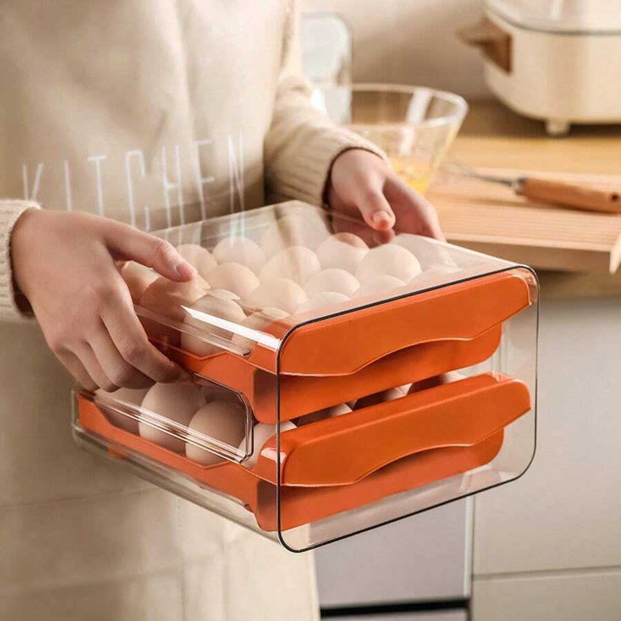 32 Egg Capacity Refrigerator Egg Drawer, Stackable Plastic Egg Container, Clear Egg Holder With 2 Drawers, Fridge Organizer For Kitchen Storage /orange
