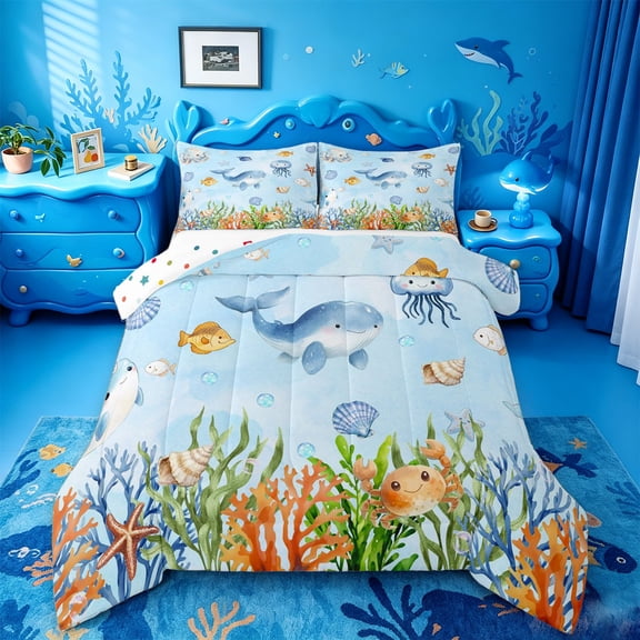 jejeloiu Watercolor Ocean Life Full Size Comforter Sets,Whale Print Bedding Comforter Set For Boys,Blue White,Polkadot Reversible,3 Pieces,1 Comforter and 2 Pillowcases