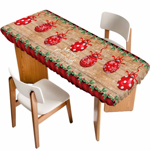Christmas Table Cloths for 8 Foot Rectangle Tables, Xmas Balls Snowflakes Trees Red Plaid Wooden Patio Waterproof Elastic Fitted Tablecloths, Washable Rectangular Table Cover for Camping