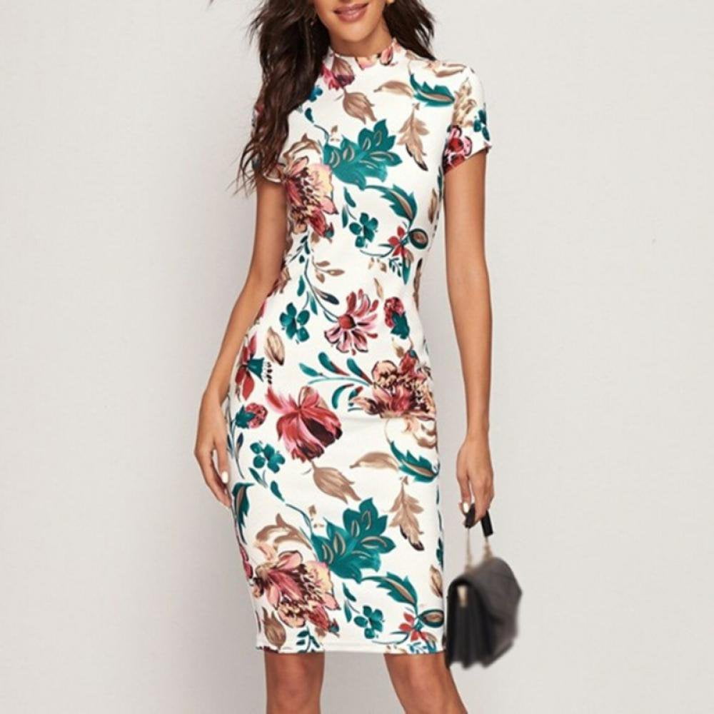Fashion Flower Printing Women Knee-length Dressing Slim Ladies
