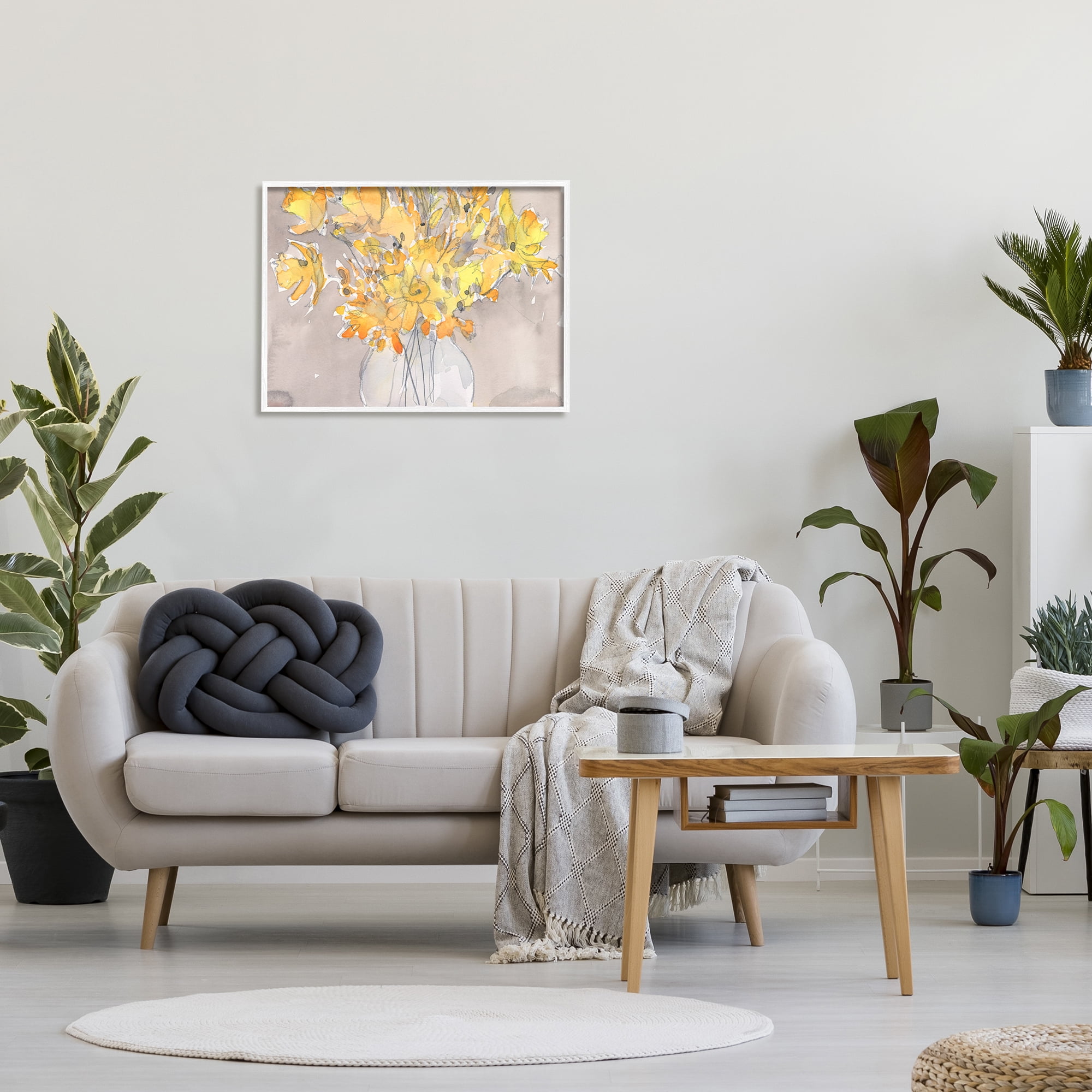 Stupell Yellow Scribble Style Bouquet Botanical & Floral Painting White Framed Art Print Wall Art