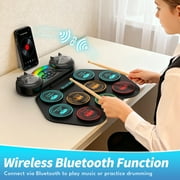 Burufy Electronic Drum Set for Kids Adults,9 Pads Portable Electronic Drum Pad Built-in Dual Bluetooth Speaker with Headset Jack/ Drumsticks/ Foot Pedals, Christmas Birthday Gift