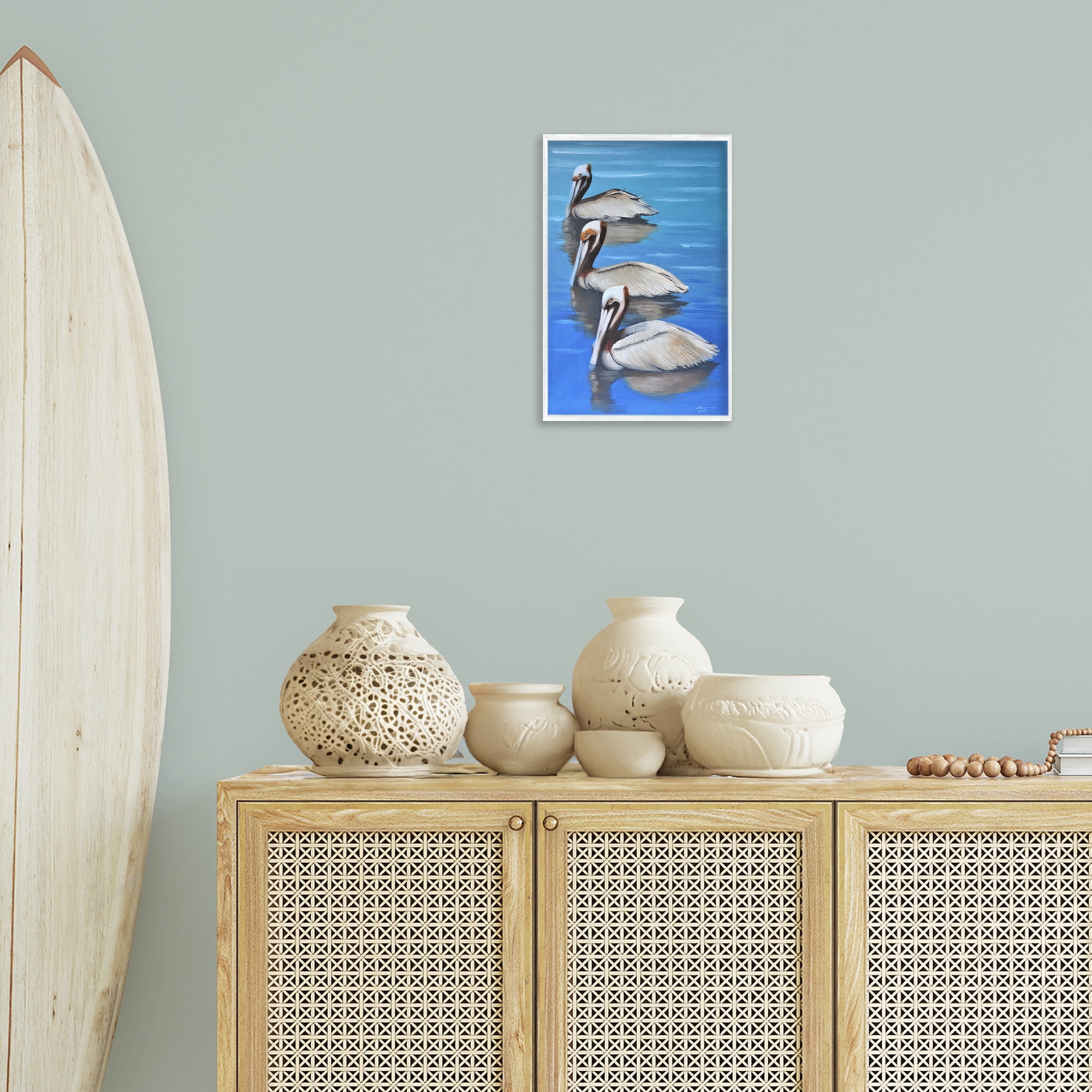 Stupell Industries Pelican Trio Drifting Animals & Insects Painting White Framed Art Print Wall Art, 12 x 18
